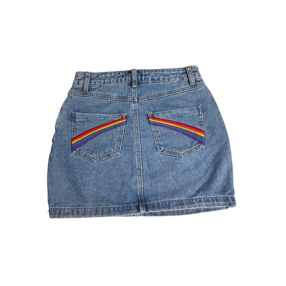 Y2K Rainbow Cotton Denim Mini Skirt Button Front